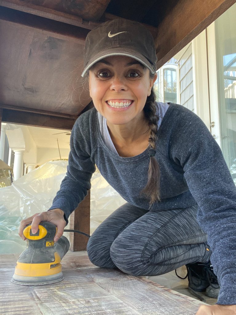 DIY Sanding Refinished Dark Wood Table