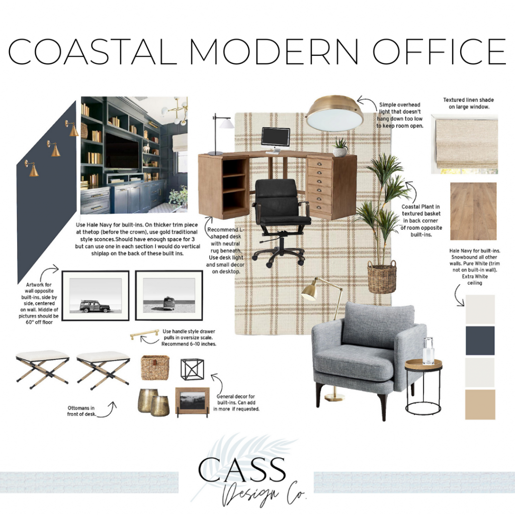 Coastal Modern Office with Navy Built in Cabinets