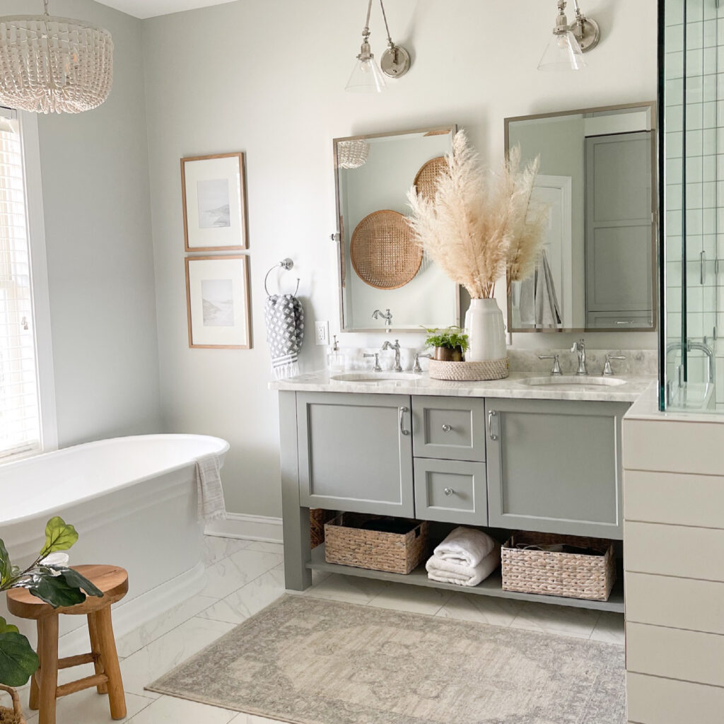 Gray vanity bathroom with coastal decor