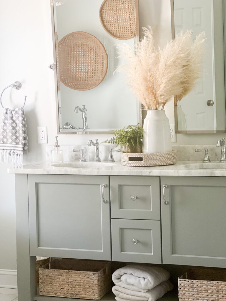 pure gray paint color vanity with coastal decor