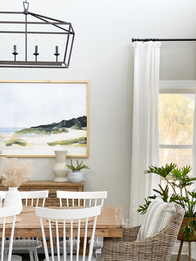 Coastal Dining room with oversize art