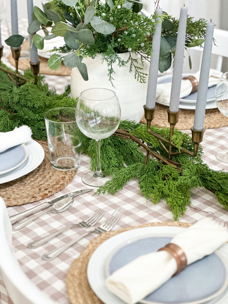 brown check holiday table with blue accents