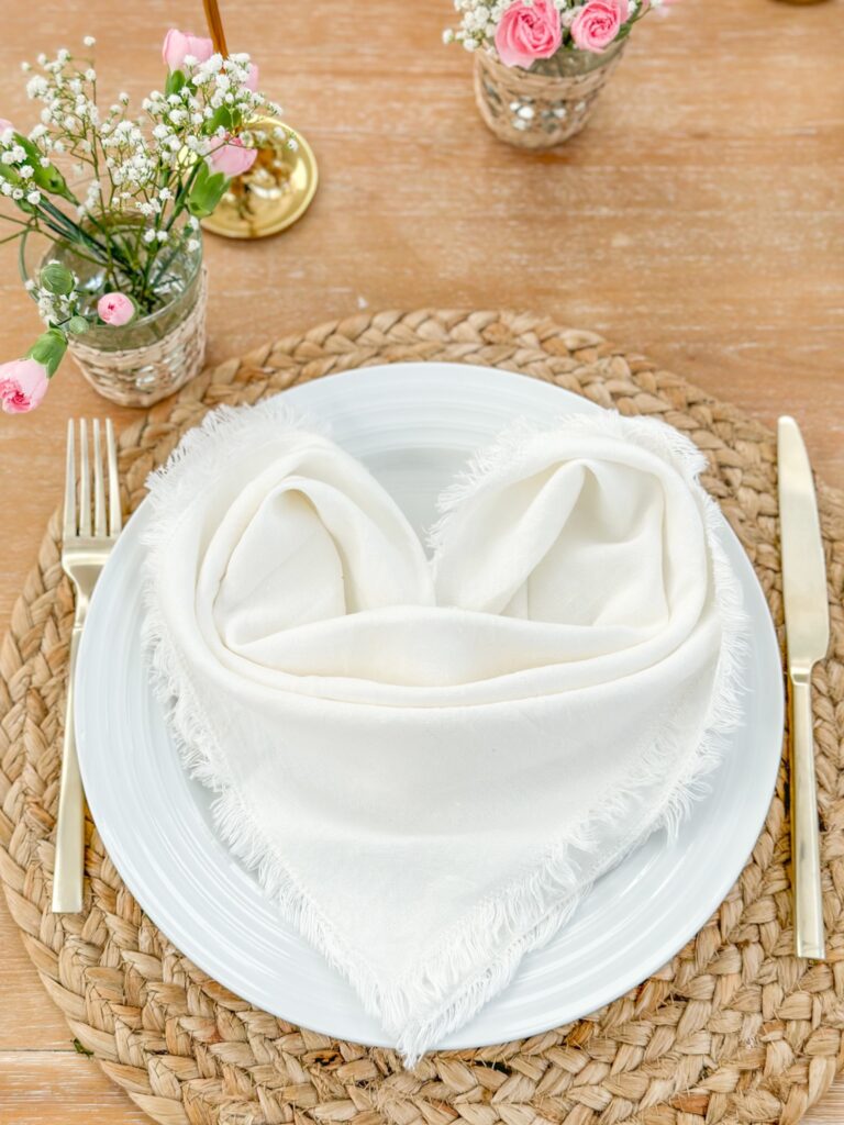 heart shaped napkin place setting for Valentine's Day