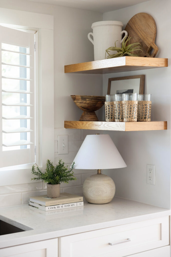 small space kitchen with open shelving in modern coastal style